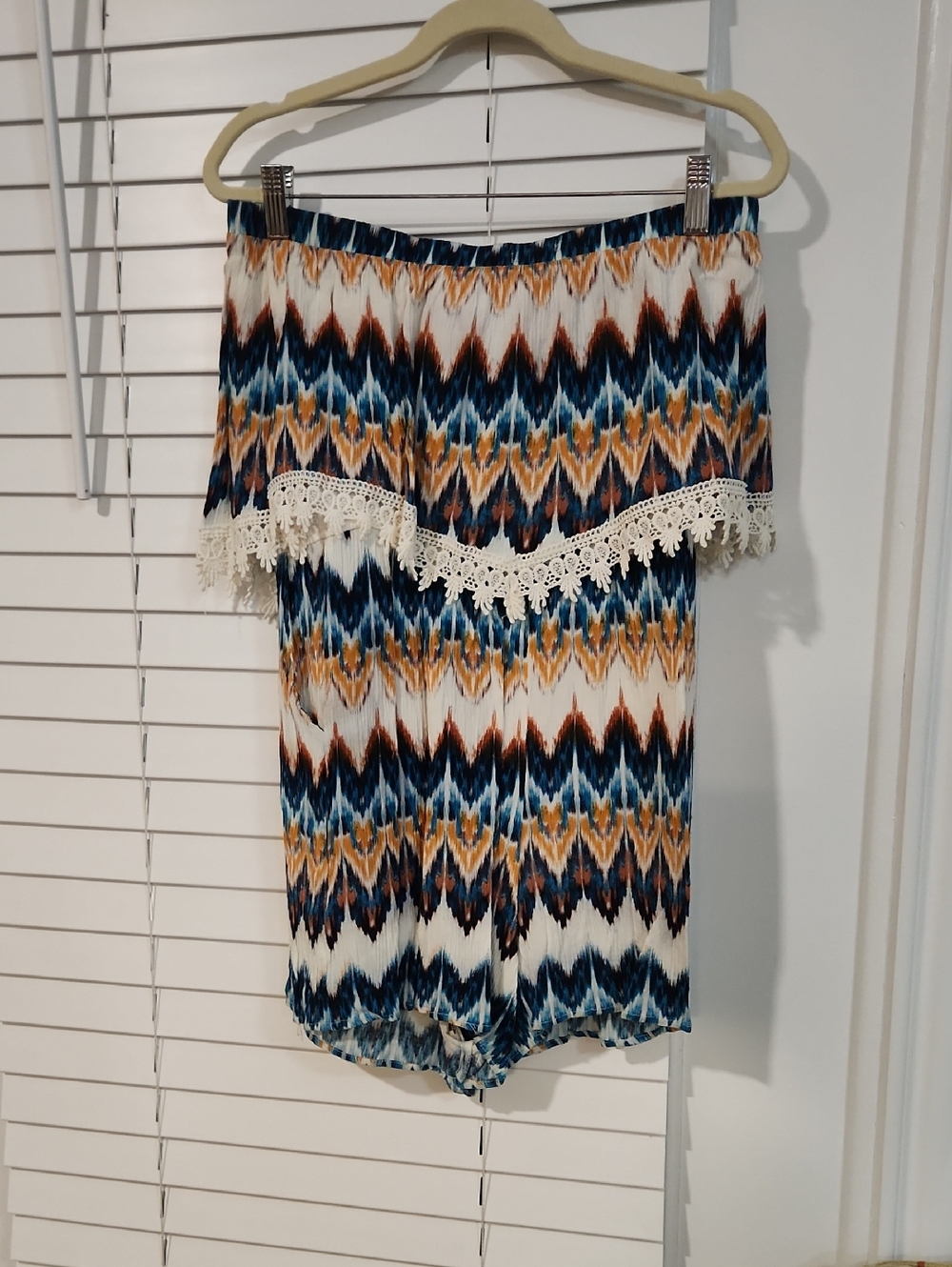 Boho Chevron Crochet-Trim Romper in Blue, Gold & Brown